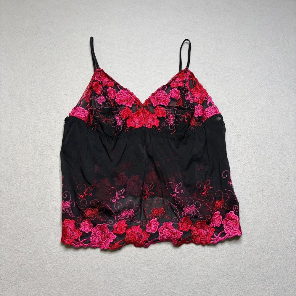 Cacique Camisole‎ Women 14/16 Blk Pink Floral Embroidered Sheer Mesh Vintage Y2K